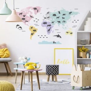 NAKLEJKA NA ŚCIANĘ PASTELOWA MAPA ŚWIATA DK221 - YOKO DESIGN