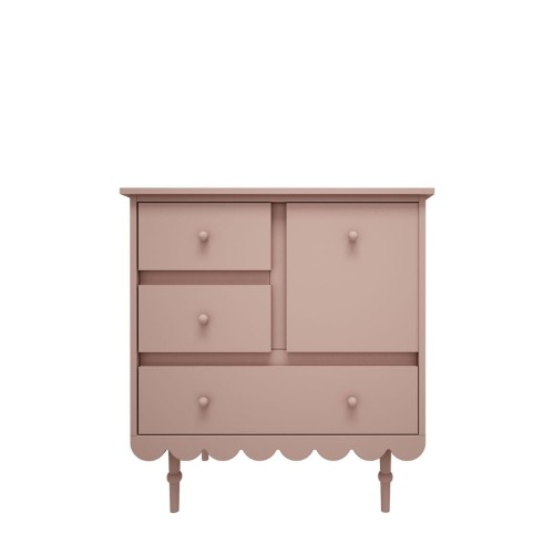 Komoda niska Babushka Różowa marki Wood Luck Design z charakterystyczną ozdobną falbanką do pokoju dziecka