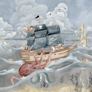 DEKORILLO MURAL PIRATE STORY TAPETA ZE STATKIEM PIRACKIM NIEBIESKA - PRÓBKA TAPETY