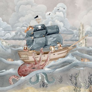 DEKORILLO MURAL PIRATE STORY TAPETA ZE STATKIEM PIRACKIM BEŻ - PRÓBKA TAPETY