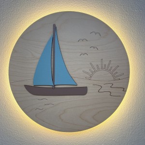 Drewniana lampka nocna żaglówka do pokoju dziecięcego