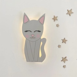 Drewniana lampka nocna kotek do pokoju dziecięcego