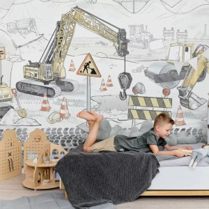 TAPETA DLA CHŁOPCA PLAC BUDOWY MURAL GREY - MALUMI