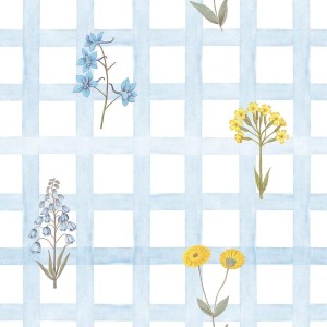 TAPETA MEADOW FLOWERS ON CHECK BLUE - DEKORNIK