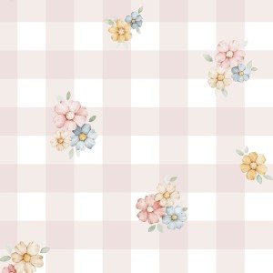 TAPETA DZIEWCZĘCA PASTEL FLOWERS RÓŻOWA KRATA - DEKORILLO 