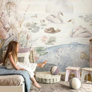 TAPETA DLA DZIEWCZYNKI JEZIORO ŁABĘDZIE SWAN LAKE PASTEL - MALUMI