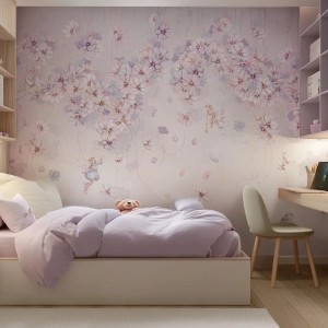 TAPETA DLA DZIEWCZYNKI Z WRÓŻKAMI WŚRÓD KWIATÓW DAPHNE COTTON CANDY - MALUMI
