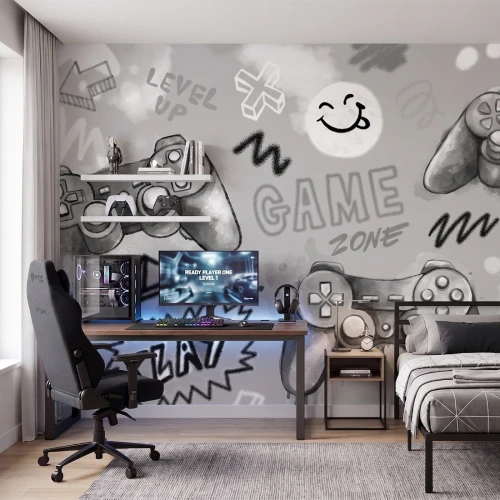 Tapeta Gaming do pokoju chłopca z padami i napisem Game Zone