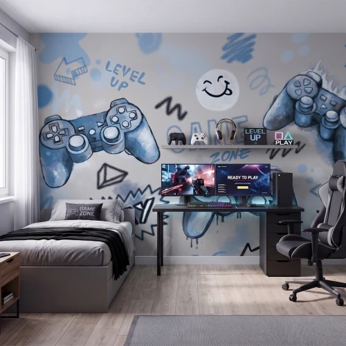 Tapeta Gaming Niebieska do pokoju chłopca z motywem padów i napisem Game Zone