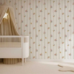 TAPETA DZIEWCZĘCA PASTEL FLOWERS OLIWKOWE PASKI - DEKORILLO 