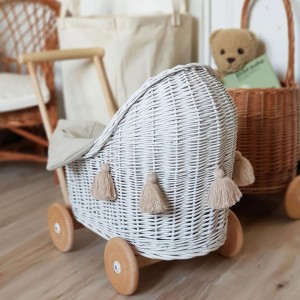 LITTLE DREAMS - WICKER DOLL STROLLER WITH BEDDING WHITE