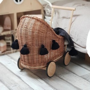 LITTLE DREAMS - WICKER DOLL STROLLER WITH BEDDING NATURAL VINTAGE
