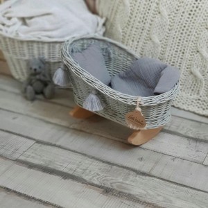 LITTLE DREAMS - WICKER CRADLE FOR DOLLS WITH BEDDING GRAY