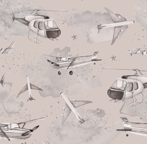 TAPETA DLA CHŁOPCA SAMOLOTY I HELIKOPTERY SEPIA - DEKORILLO