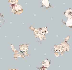 TAPETA DZIECIĘCA W KOTKI I LOVE CATS NIEBIESKO-SZARA - DEKORILLO 
