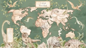 DEKORILLO MURAL MAPA ŚWIATA DINOZAURY ZIELONA - PRÓBKA TAPETY
