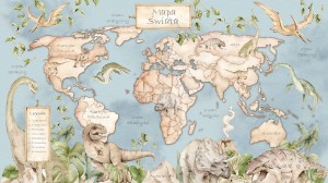 DEKORILLO MURAL MAPA ŚWIATA DINOZAURY NIEBIESKA - PRÓBKA TAPETY
