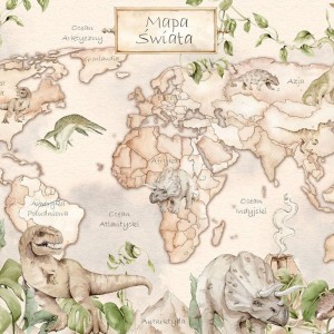 TAPETA DZIECIĘCA MAPA ŚWIATA DINOZAURY BEŻOWA - DEKORILLO 