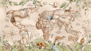 DEKORILLO MURAL MAPA ŚWIATA LEŚNA BEŻOWA - PRÓBKA TAPETY