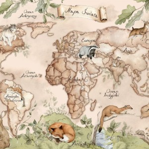 TAPETA DZIECIĘCA MAPA ŚWIATA LEŚNA BEŻOWA - DEKORILLO 