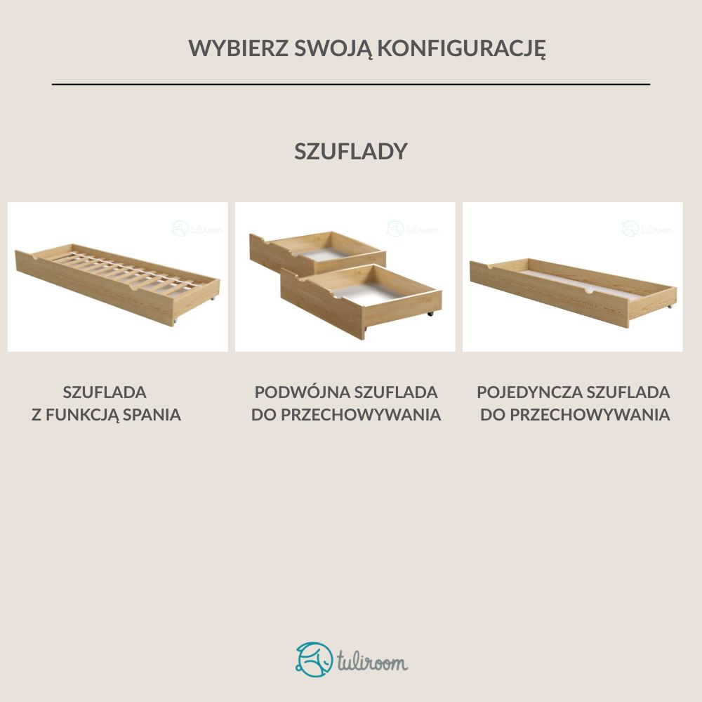 szuflady do łóżka drewnianego dla dziecka